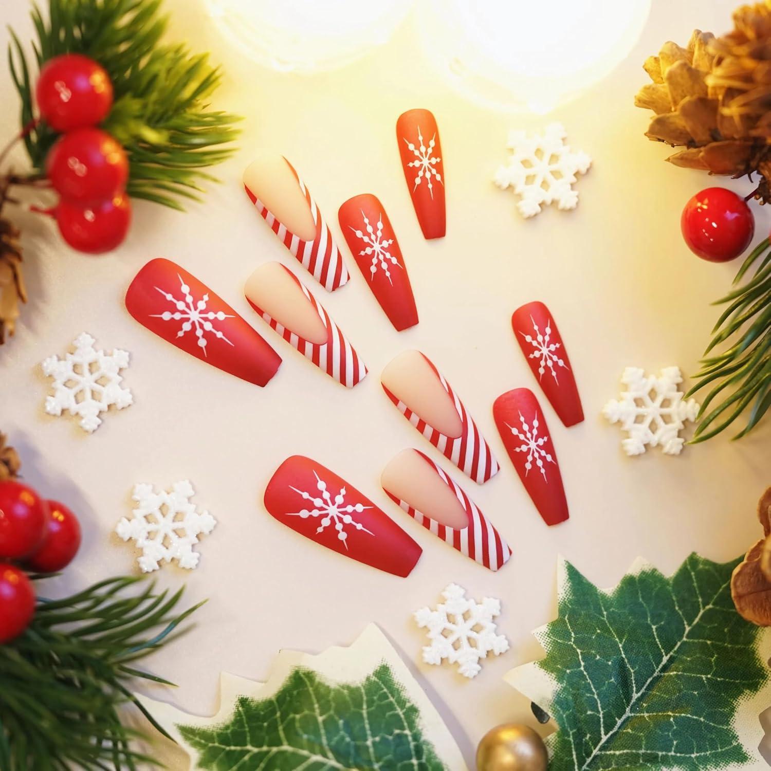 imageBABALAL Christmas Press on Nails Long Coffin Fake Nails Red Glue on Snowflake Design Xmas False Acrylic Nails 24Pcs Matte Ballerina Stick onFna103xmas