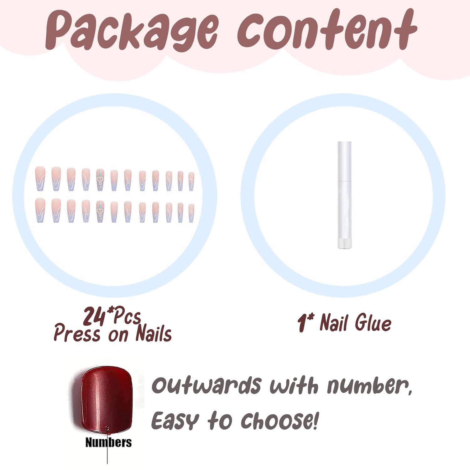 imageBABALAL Christmas Press on Nails Long Coffin Fake Nails Red Glue on Snowflake Design Xmas False Acrylic Nails 24Pcs Matte Ballerina Stick onFna104blue