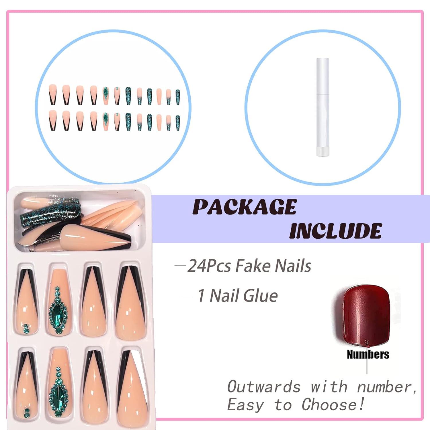 imageBABALAL Christmas Press on Nails Long Coffin Fake Nails Red Glue on Snowflake Design Xmas False Acrylic Nails 24Pcs Matte Ballerina Stick onFna105green