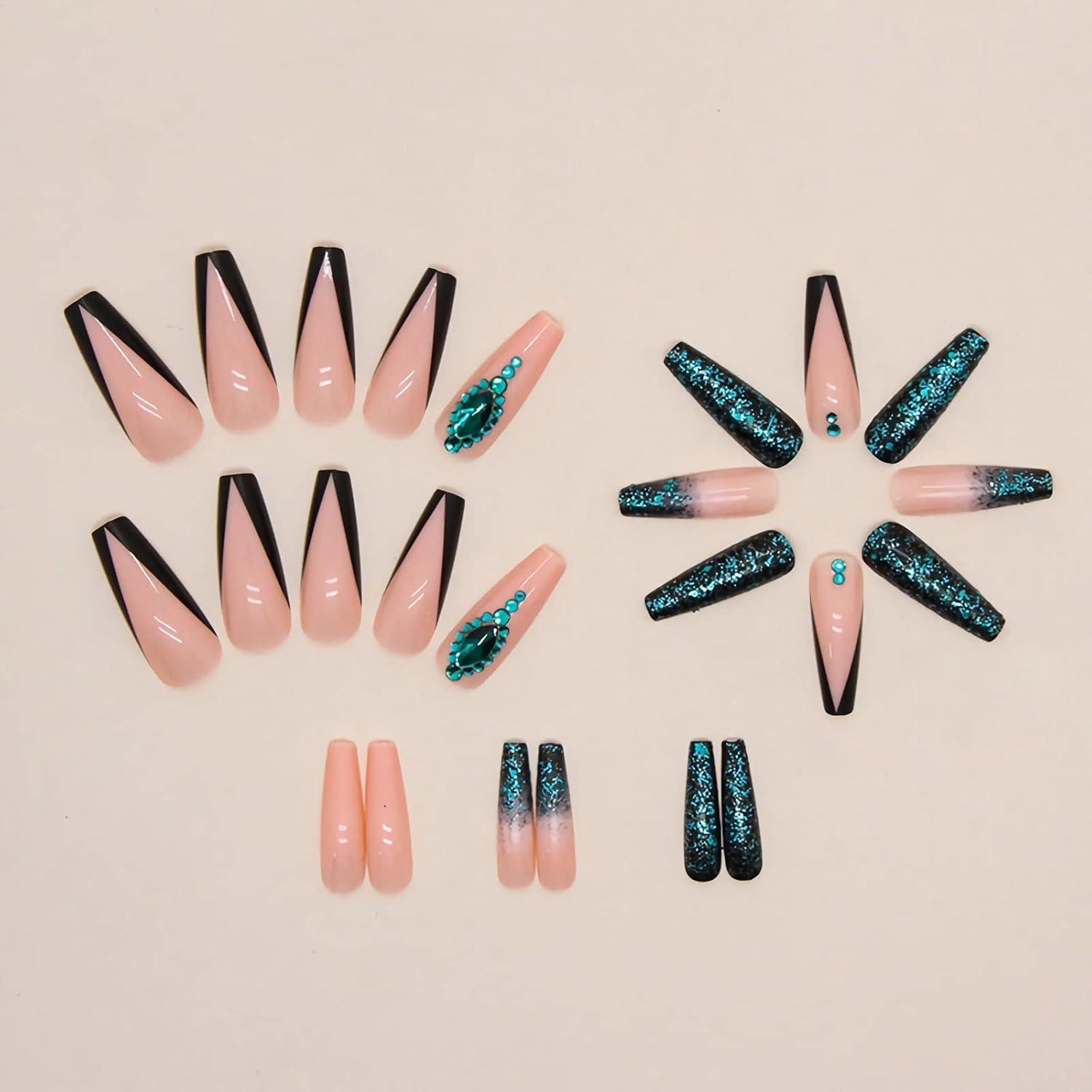 imageBABALAL Christmas Press on Nails Long Coffin Fake Nails Red Glue on Snowflake Design Xmas False Acrylic Nails 24Pcs Matte Ballerina Stick onFna105green