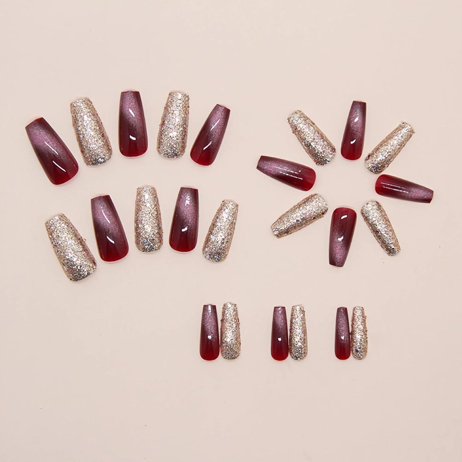 imageBABALAL Christmas Press on Nails Long Coffin Fake Nails Red Glue on Snowflake Design Xmas False Acrylic Nails 24Pcs Matte Ballerina Stick onFna105purple