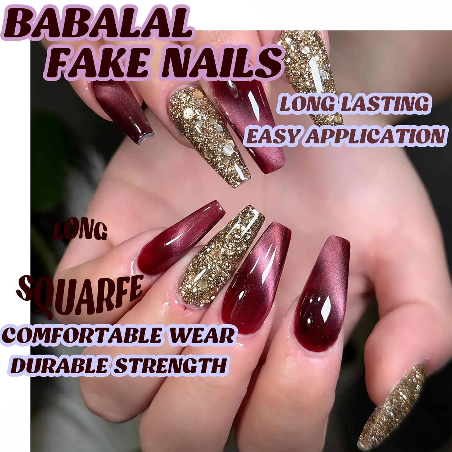 imageBABALAL Christmas Press on Nails Long Coffin Fake Nails Red Glue on Snowflake Design Xmas False Acrylic Nails 24Pcs Matte Ballerina Stick onFna105purple