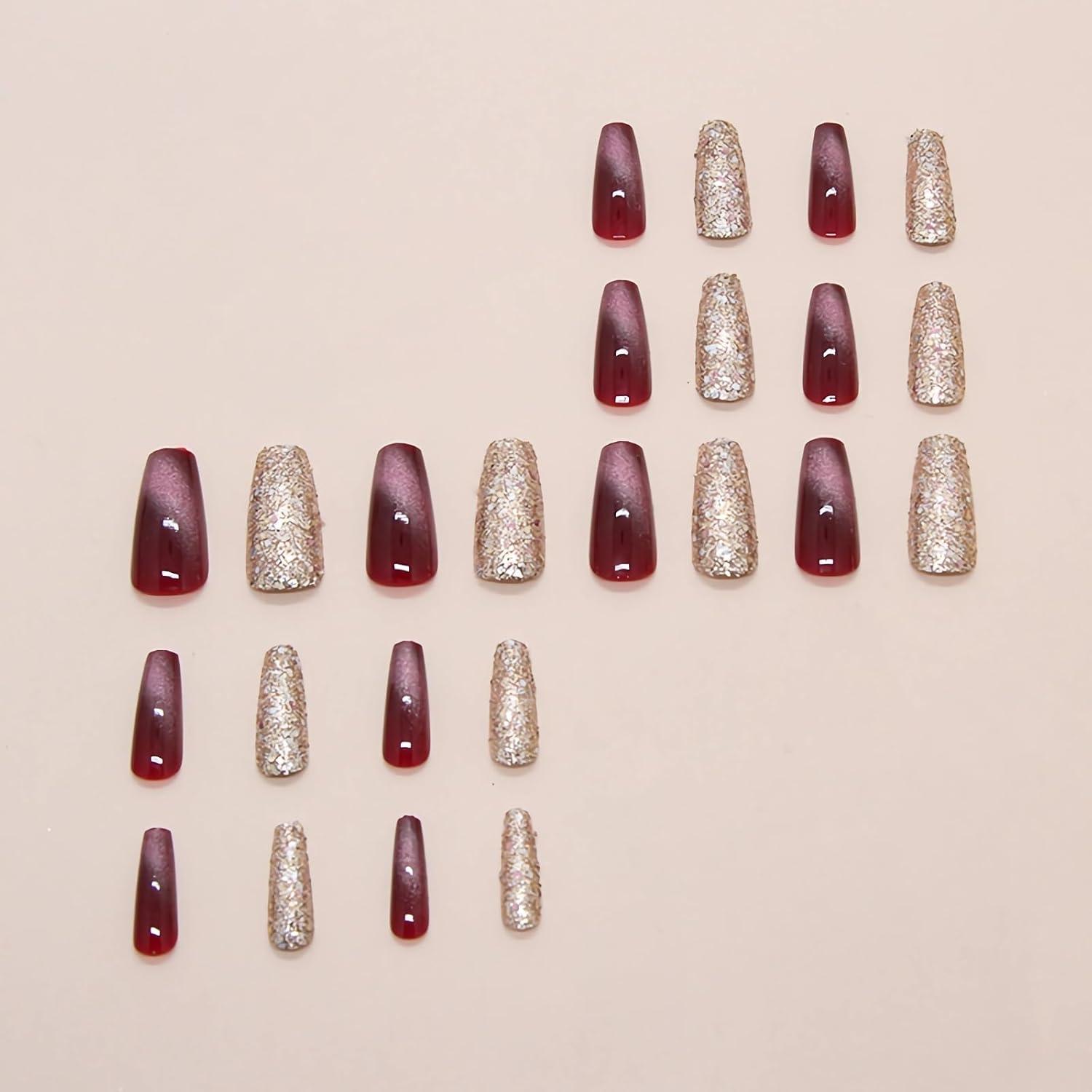 imageBABALAL Christmas Press on Nails Long Coffin Fake Nails Red Glue on Snowflake Design Xmas False Acrylic Nails 24Pcs Matte Ballerina Stick onFna105purple