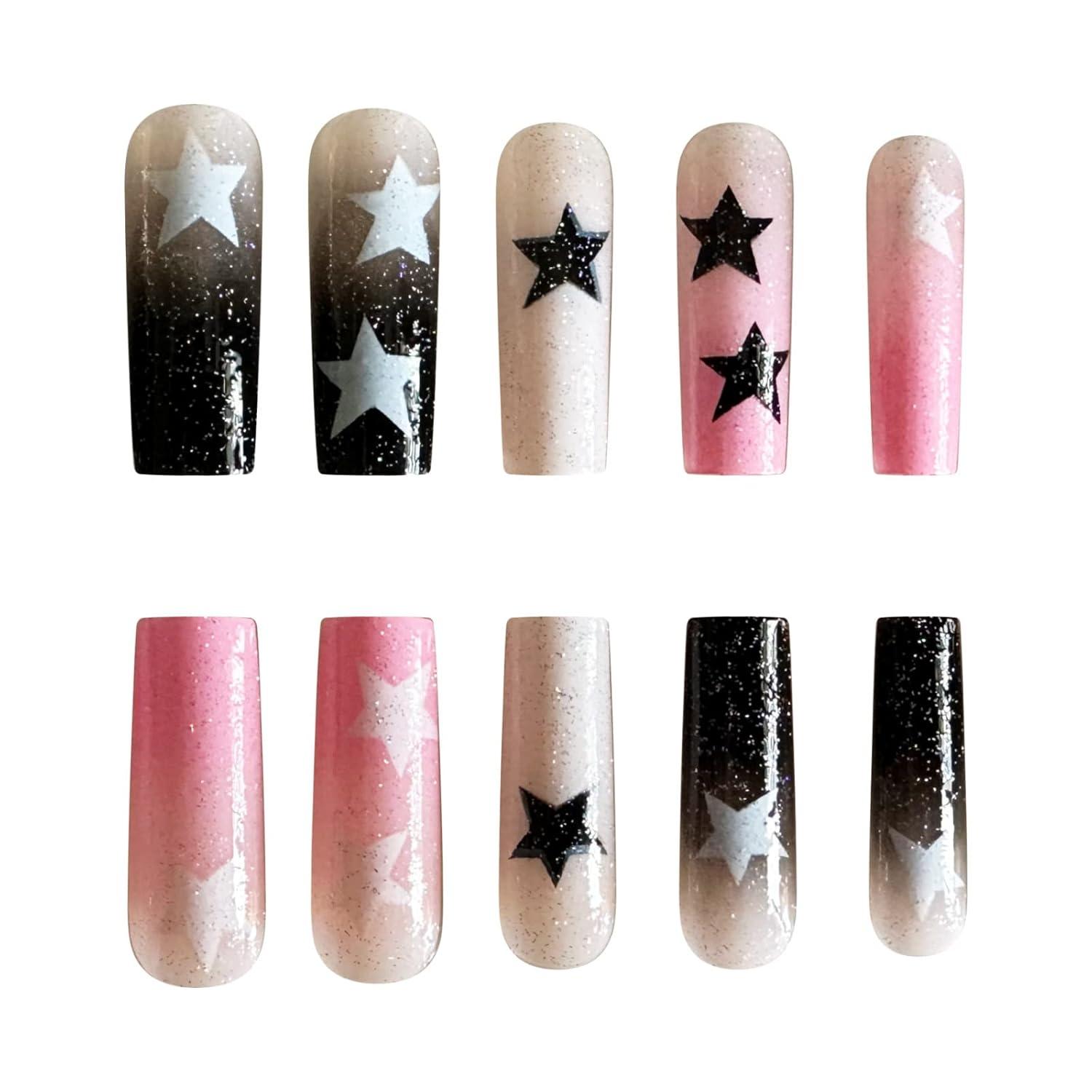 imageBABALAL Christmas Press on Nails Long Coffin Fake Nails Red Glue on Snowflake Design Xmas False Acrylic Nails 24Pcs Matte Ballerina Stick onFna105star