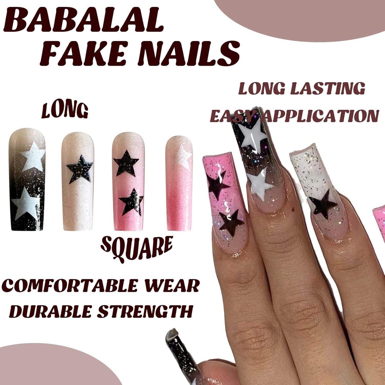 imageBABALAL Christmas Press on Nails Long Coffin Fake Nails Red Glue on Snowflake Design Xmas False Acrylic Nails 24Pcs Matte Ballerina Stick onFna105star