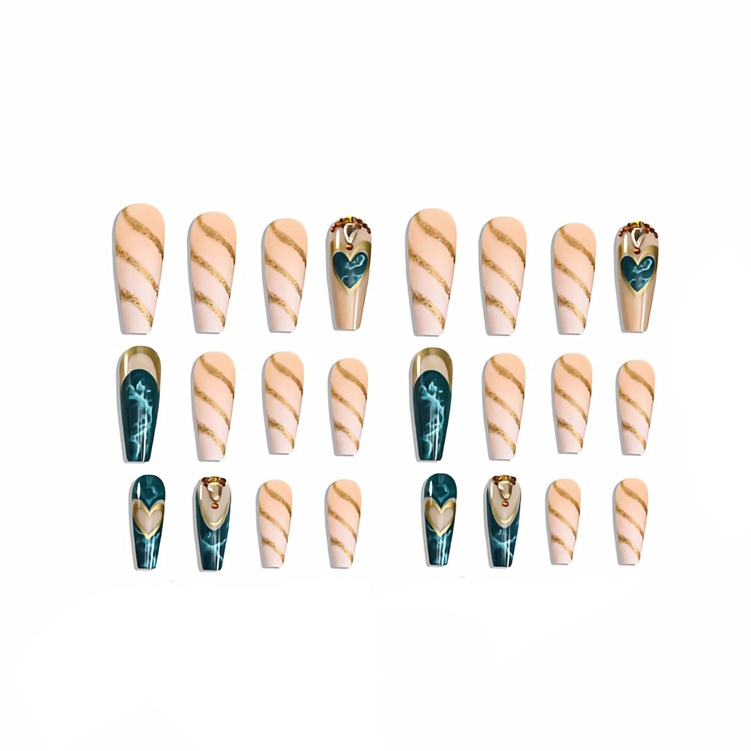 imageBABALAL Christmas Press on Nails Long Coffin Fake Nails Red Glue on Snowflake Design Xmas False Acrylic Nails 24Pcs Matte Ballerina Stick onFna107green