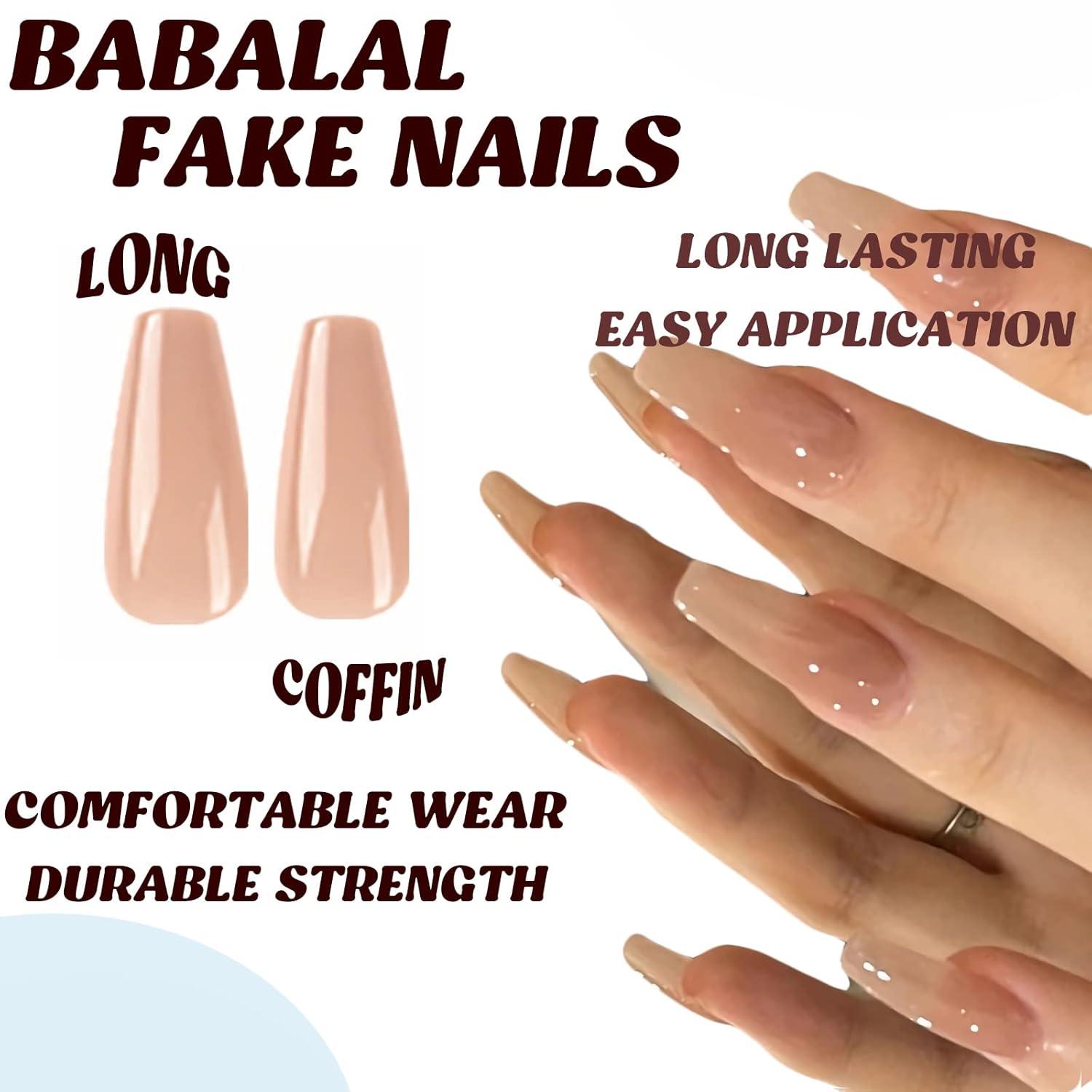 imageBABALAL Christmas Press on Nails Long Coffin Fake Nails Red Glue on Snowflake Design Xmas False Acrylic Nails 24Pcs Matte Ballerina Stick onFna108nude