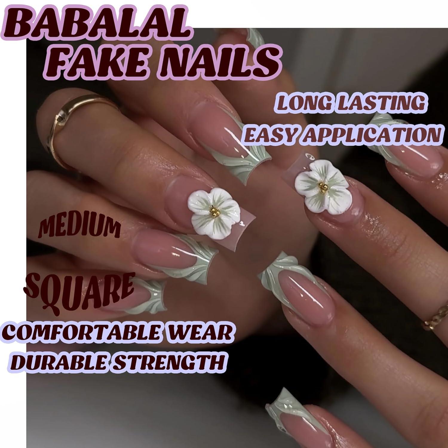 imageBABALAL Christmas Press on Nails Long Coffin Fake Nails Red Glue on Snowflake Design Xmas False Acrylic Nails 24Pcs Matte Ballerina Stick onGreen