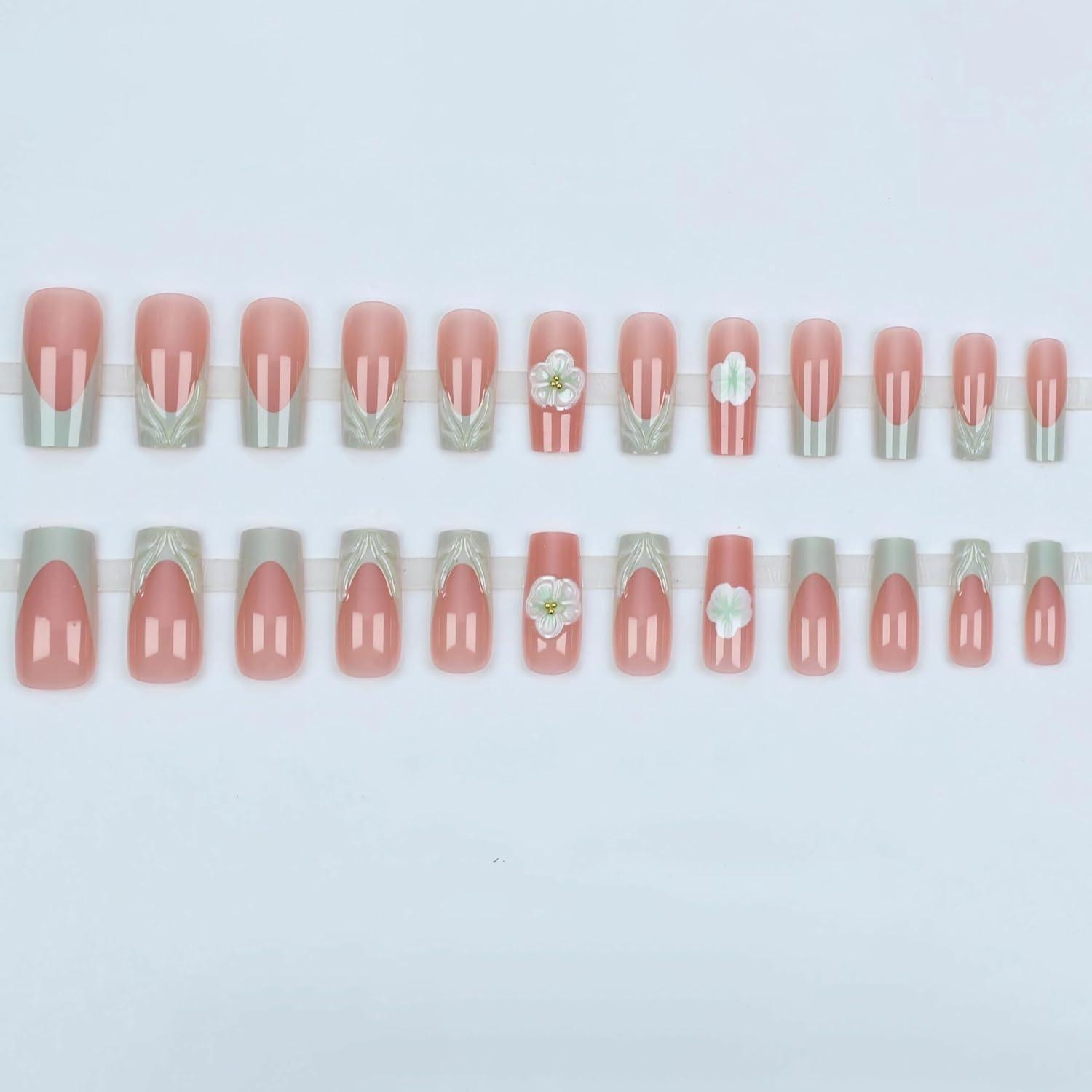 imageBABALAL Christmas Press on Nails Long Coffin Fake Nails Red Glue on Snowflake Design Xmas False Acrylic Nails 24Pcs Matte Ballerina Stick onGreen