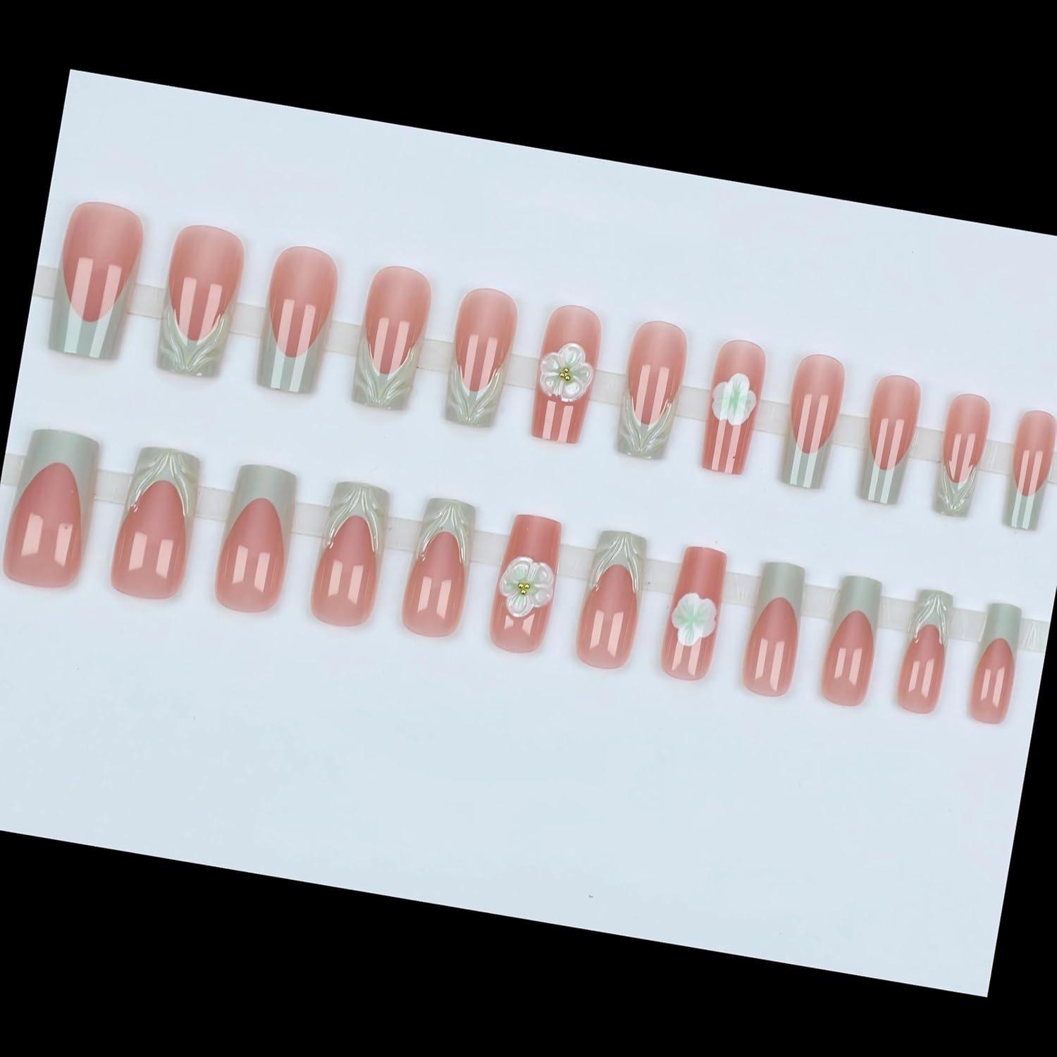 imageBABALAL Christmas Press on Nails Long Coffin Fake Nails Red Glue on Snowflake Design Xmas False Acrylic Nails 24Pcs Matte Ballerina Stick onGreen