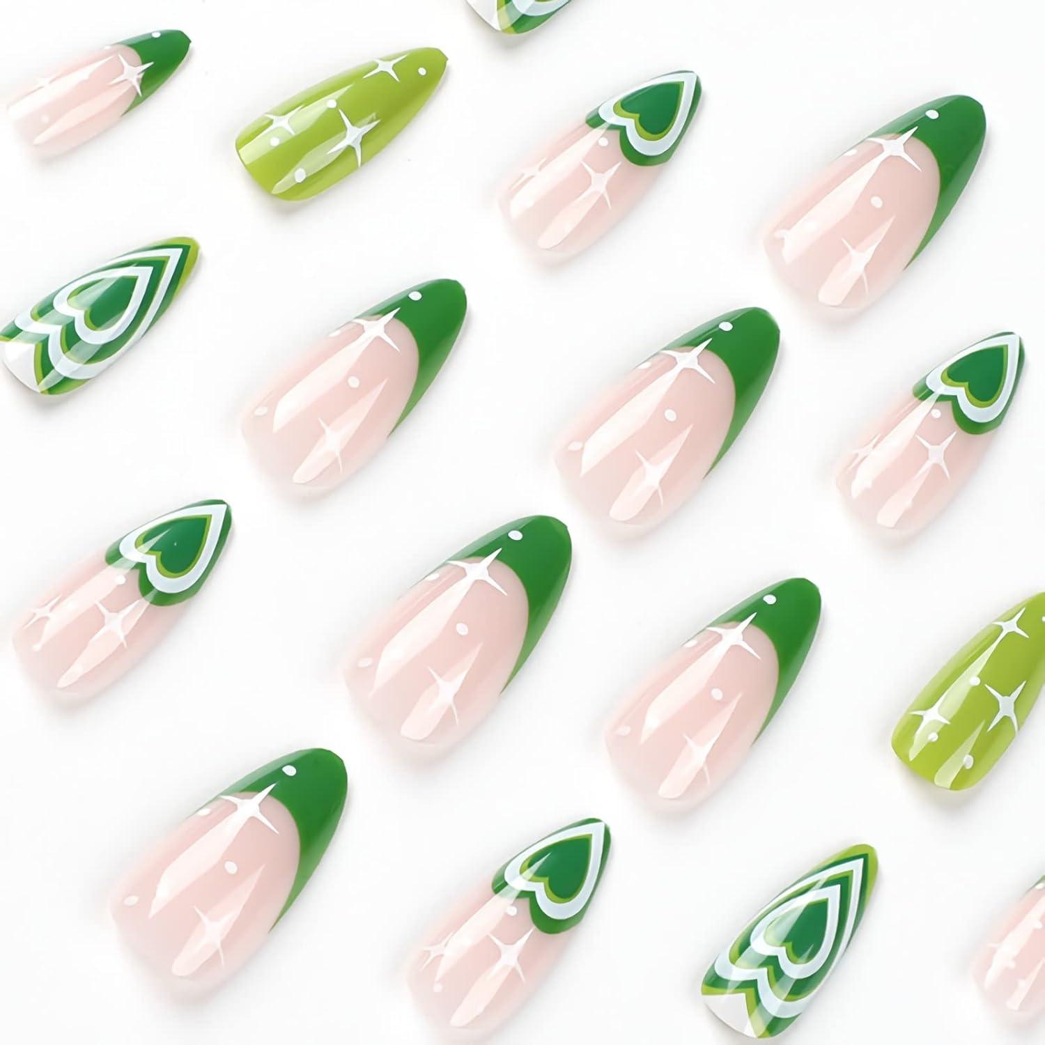 imageBABALAL Press On Nails Pink White Kawaii False Nails with Bow ampamp Paw Design Cute 3D Bear Paw Medium Almond PressOns for Women Girls 24Pcs Glossy Handmade Full Cover Stick On NailsANI07green