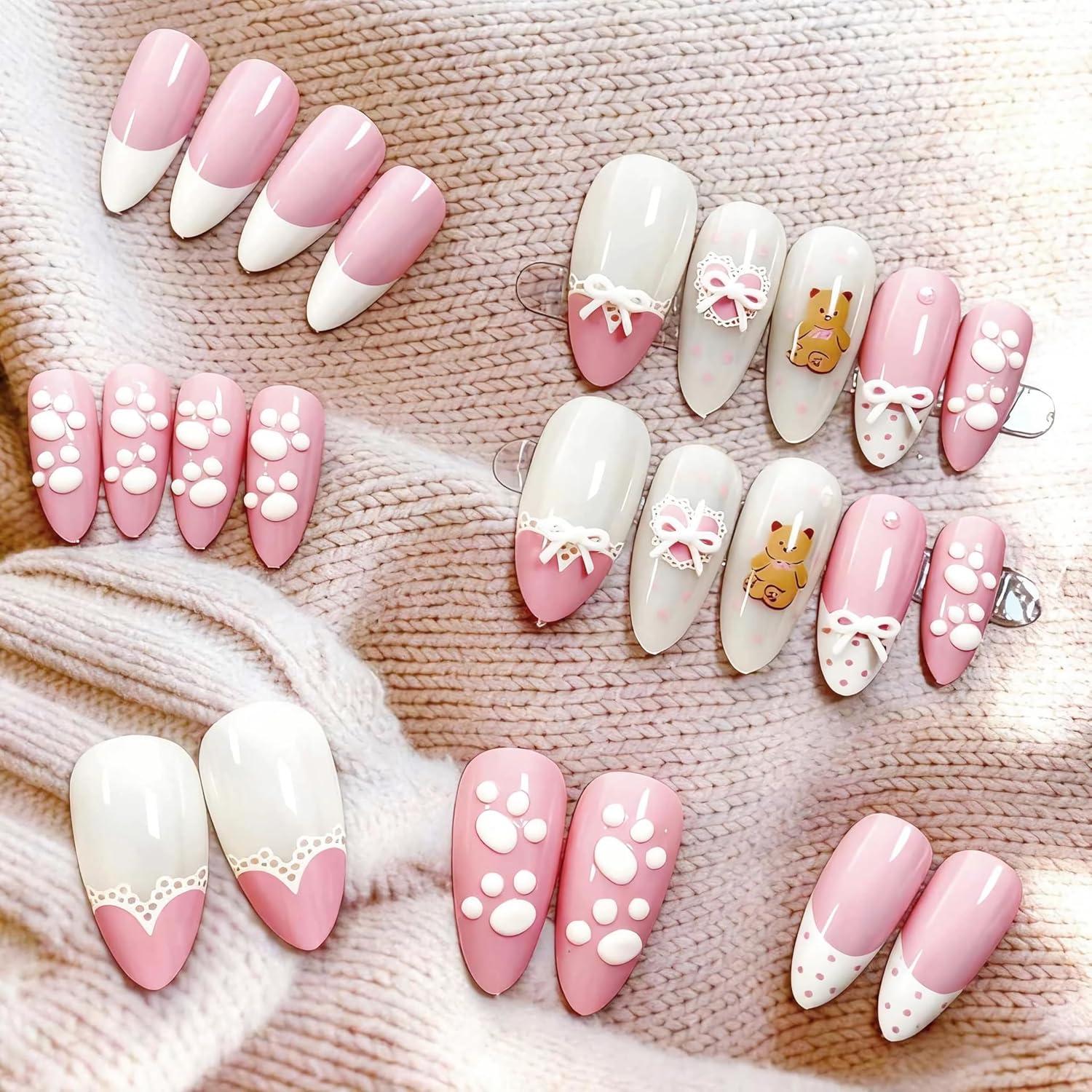 imageBABALAL Press On Nails Pink White Kawaii False Nails with Bow ampamp Paw Design Cute 3D Bear Paw Medium Almond PressOns for Women Girls 24Pcs Glossy Handmade Full Cover Stick On NailsANI03cute