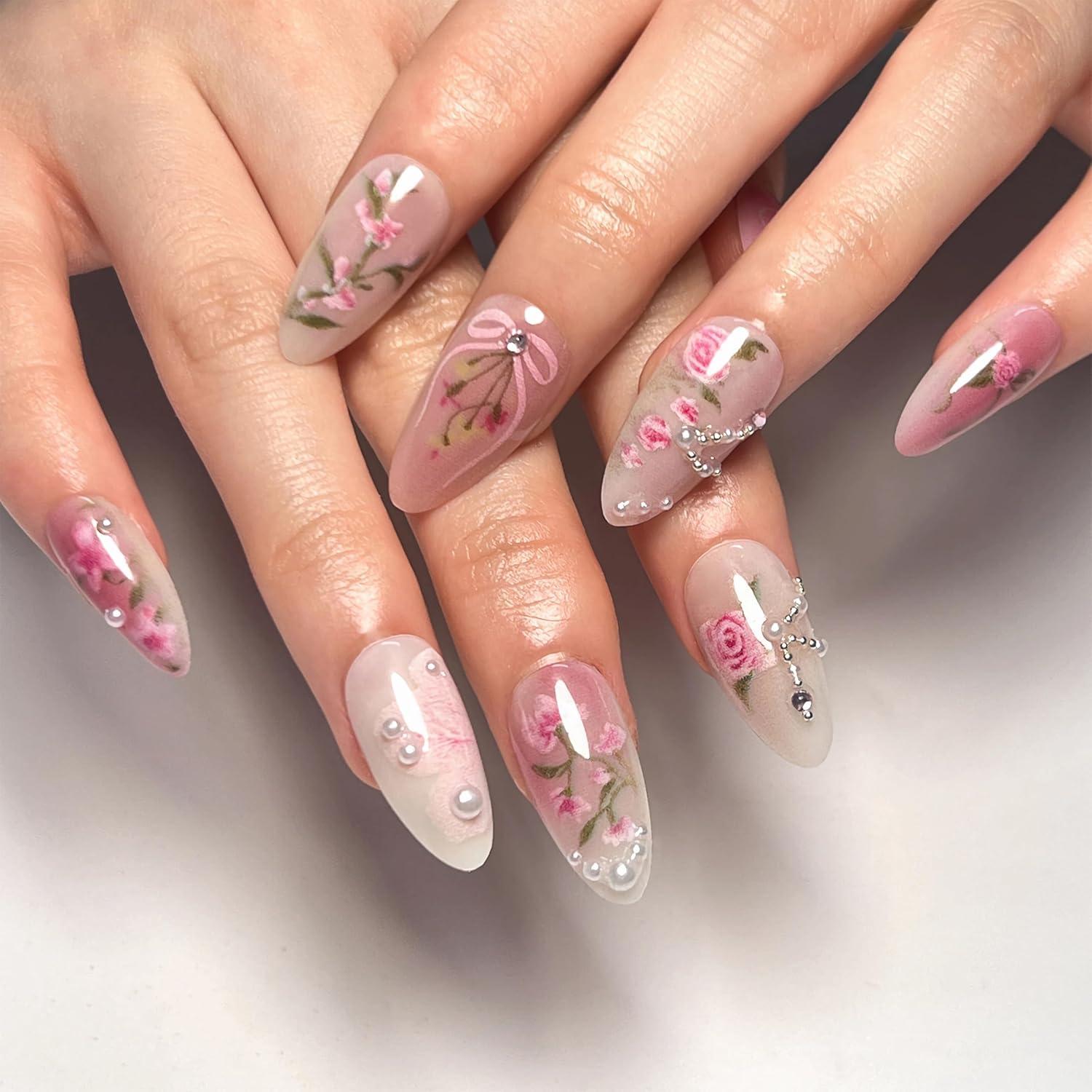 imageBABALAL Press On Nails Pink White Kawaii False Nails with Bow ampamp Paw Design Cute 3D Bear Paw Medium Almond PressOns for Women Girls 24Pcs Glossy Handmade Full Cover Stick On NailsANI02