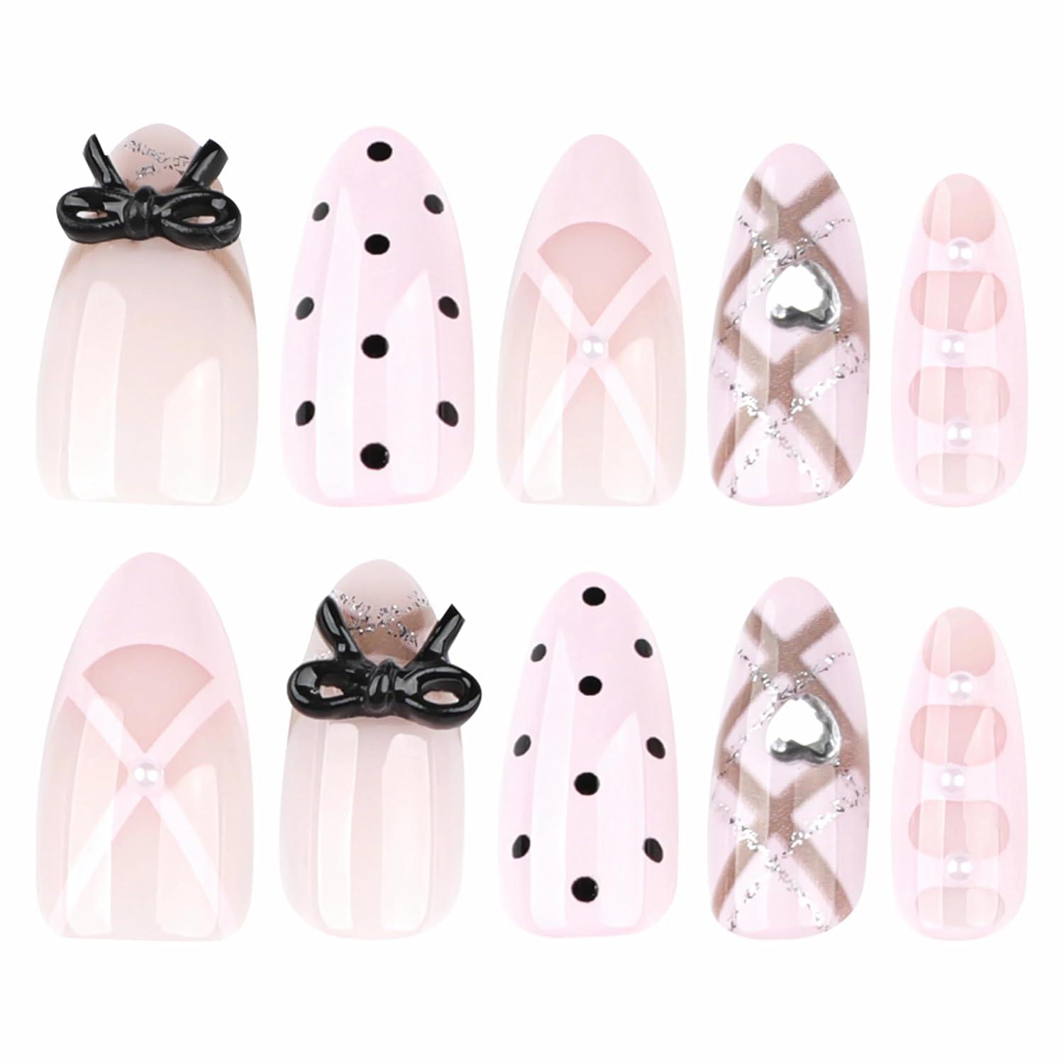 imageBABALAL Press On Nails Pink White Kawaii False Nails with Bow ampamp Paw Design Cute 3D Bear Paw Medium Almond PressOns for Women Girls 24Pcs Glossy Handmade Full Cover Stick On NailsANI05polkadot