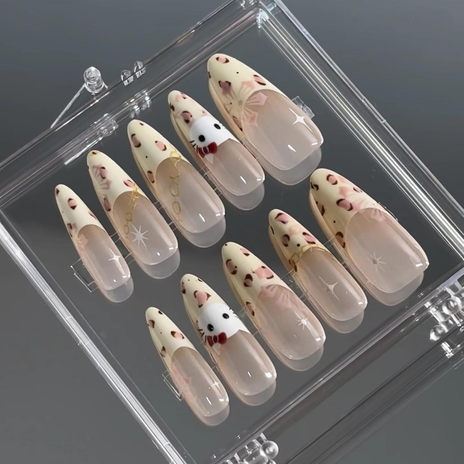 imageBABALAL Press On Nails Pink White Kawaii False Nails with Bow ampamp Paw Design Cute 3D Bear Paw Medium Almond PressOns for Women Girls 24Pcs Glossy Handmade Full Cover Stick On NailsANI14