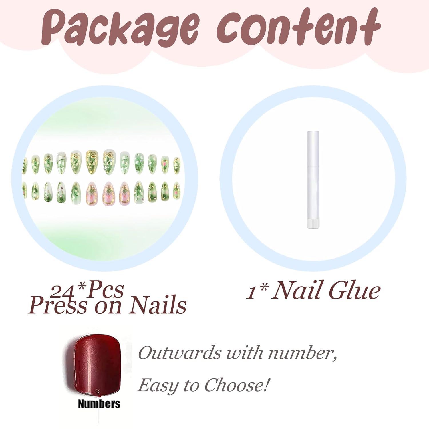 imageBABALAL Press On Nails Pink White Kawaii False Nails with Bow ampamp Paw Design Cute 3D Bear Paw Medium Almond PressOns for Women Girls 24Pcs Glossy Handmade Full Cover Stick On NailsANI03green