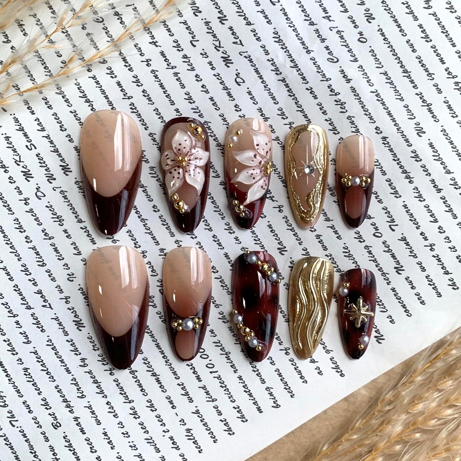 imageBABALAL Press On Nails Pink White Kawaii False Nails with Bow ampamp Paw Design Cute 3D Bear Paw Medium Almond PressOns for Women Girls 24Pcs Glossy Handmade Full Cover Stick On NailsANI02brown