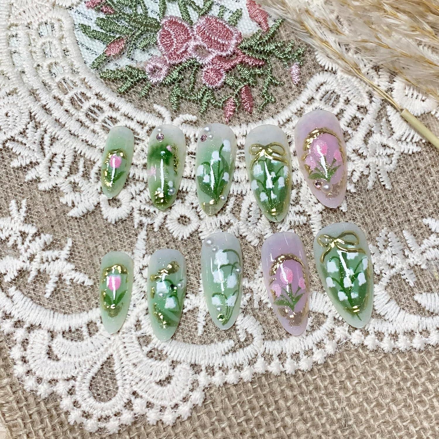 imageBABALAL Press On Nails Pink White Kawaii False Nails with Bow ampamp Paw Design Cute 3D Bear Paw Medium Almond PressOns for Women Girls 24Pcs Glossy Handmade Full Cover Stick On NailsANI03green