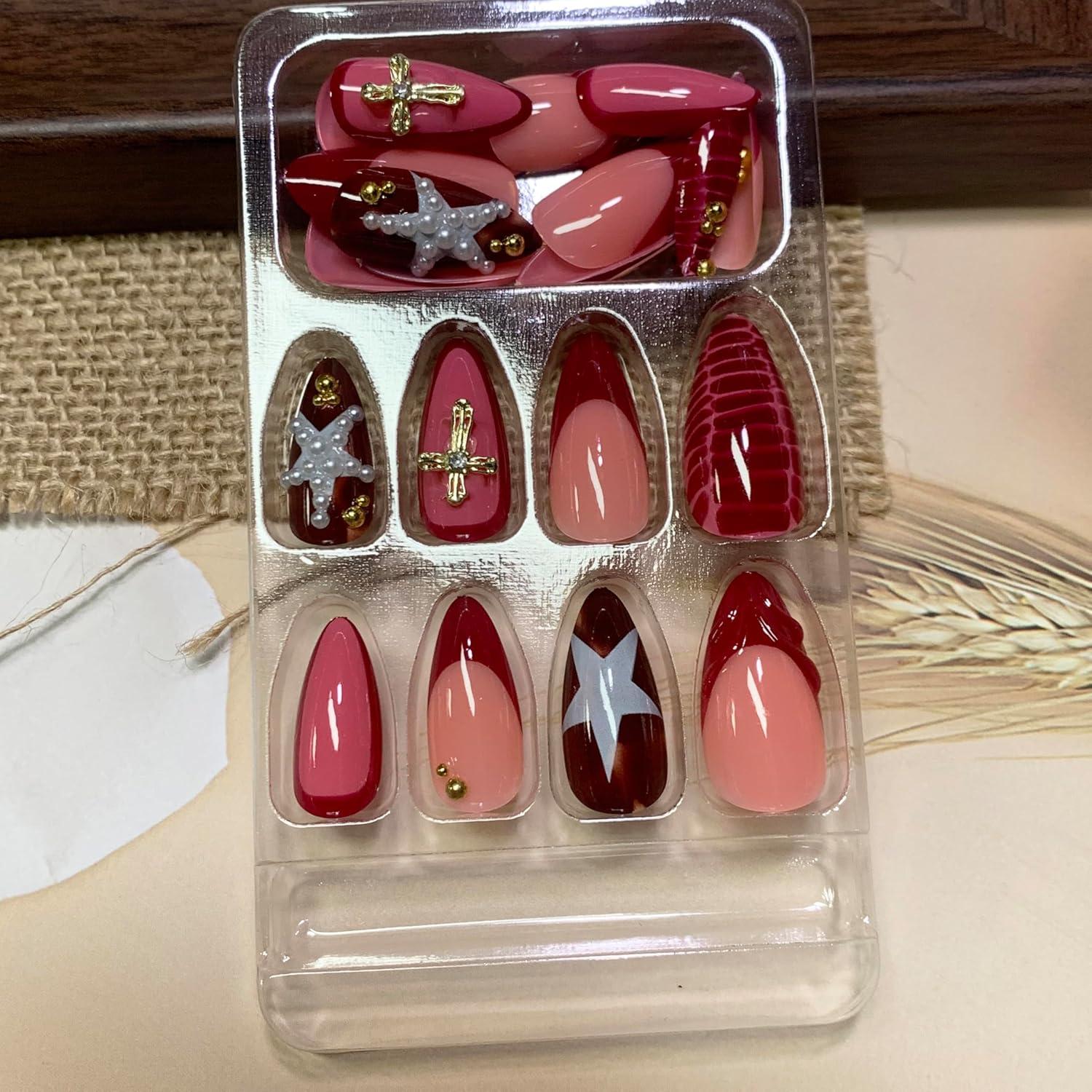 imageBABALAL Press On Nails Pink White Kawaii False Nails with Bow ampamp Paw Design Cute 3D Bear Paw Medium Almond PressOns for Women Girls 24Pcs Glossy Handmade Full Cover Stick On NailsANI05red