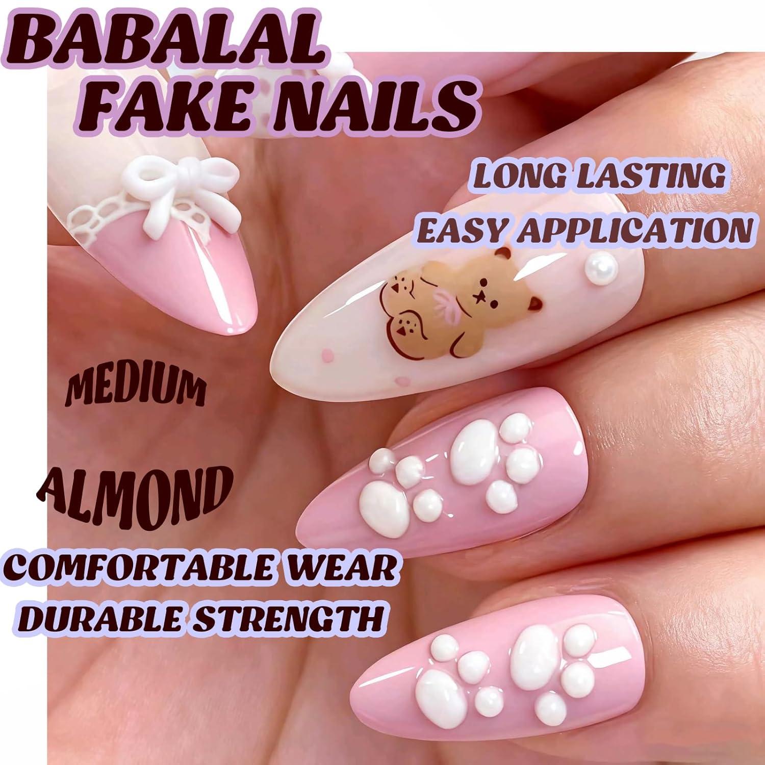 imageBABALAL Press On Nails Pink White Kawaii False Nails with Bow ampamp Paw Design Cute 3D Bear Paw Medium Almond PressOns for Women Girls 24Pcs Glossy Handmade Full Cover Stick On NailsANI03cute