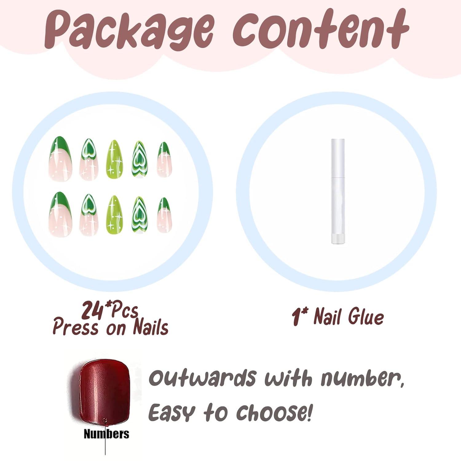 imageBABALAL Press On Nails Pink White Kawaii False Nails with Bow ampamp Paw Design Cute 3D Bear Paw Medium Almond PressOns for Women Girls 24Pcs Glossy Handmade Full Cover Stick On NailsANI07green