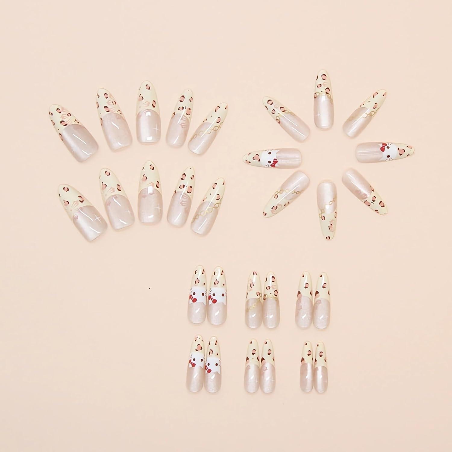 imageBABALAL Press On Nails Pink White Kawaii False Nails with Bow ampamp Paw Design Cute 3D Bear Paw Medium Almond PressOns for Women Girls 24Pcs Glossy Handmade Full Cover Stick On NailsANI14