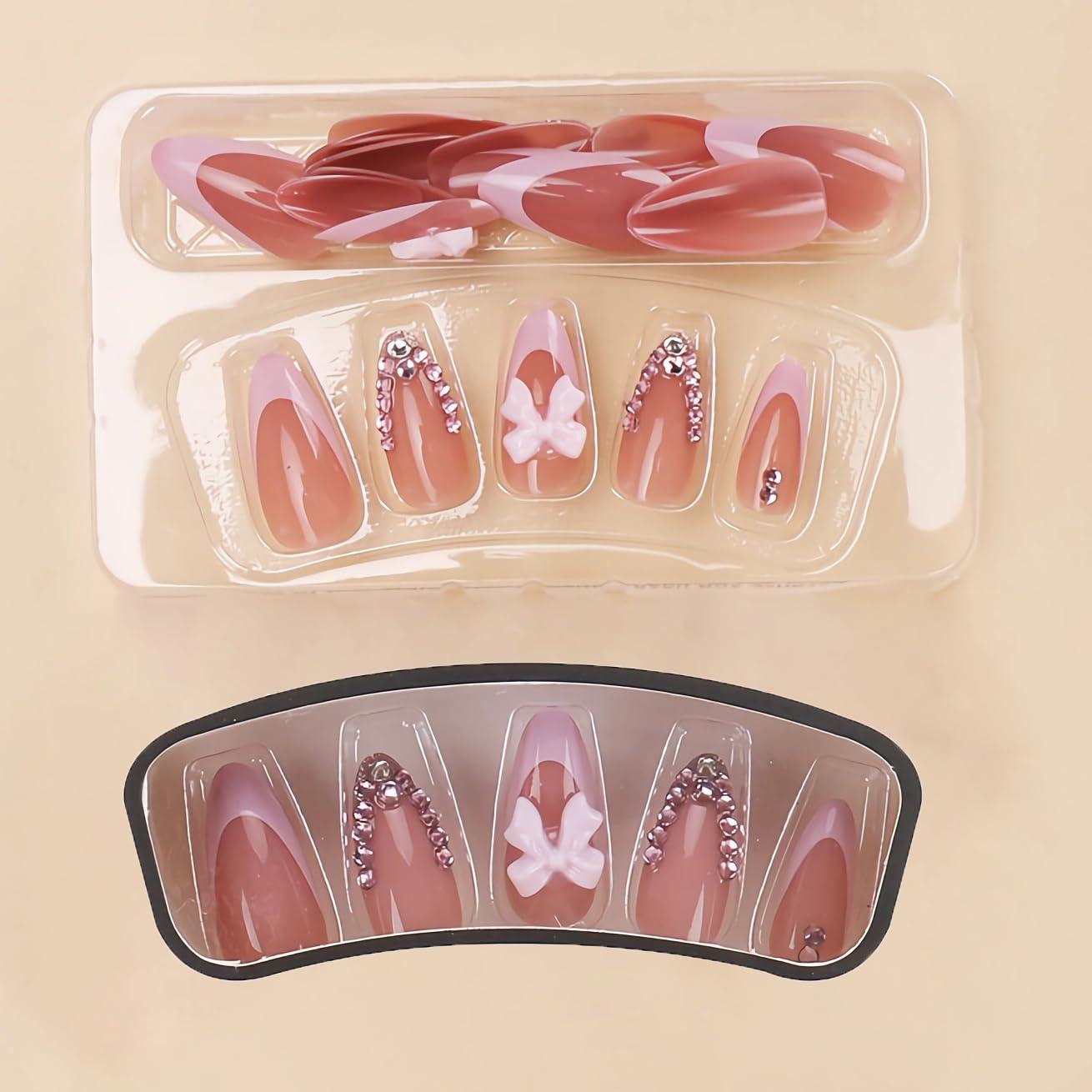 imageBABALAL Press On Nails Pink White Kawaii False Nails with Bow ampamp Paw Design Cute 3D Bear Paw Medium Almond PressOns for Women Girls 24Pcs Glossy Handmade Full Cover Stick On NailsANI06