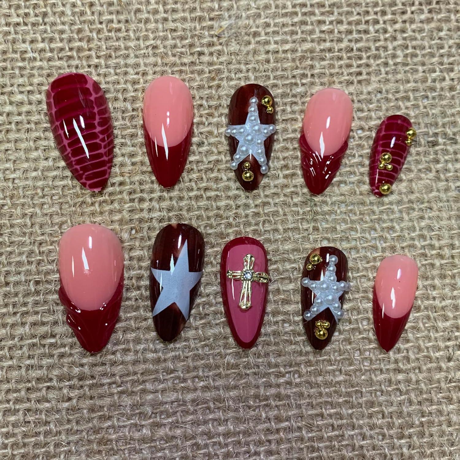 imageBABALAL Press On Nails Pink White Kawaii False Nails with Bow ampamp Paw Design Cute 3D Bear Paw Medium Almond PressOns for Women Girls 24Pcs Glossy Handmade Full Cover Stick On NailsANI05red