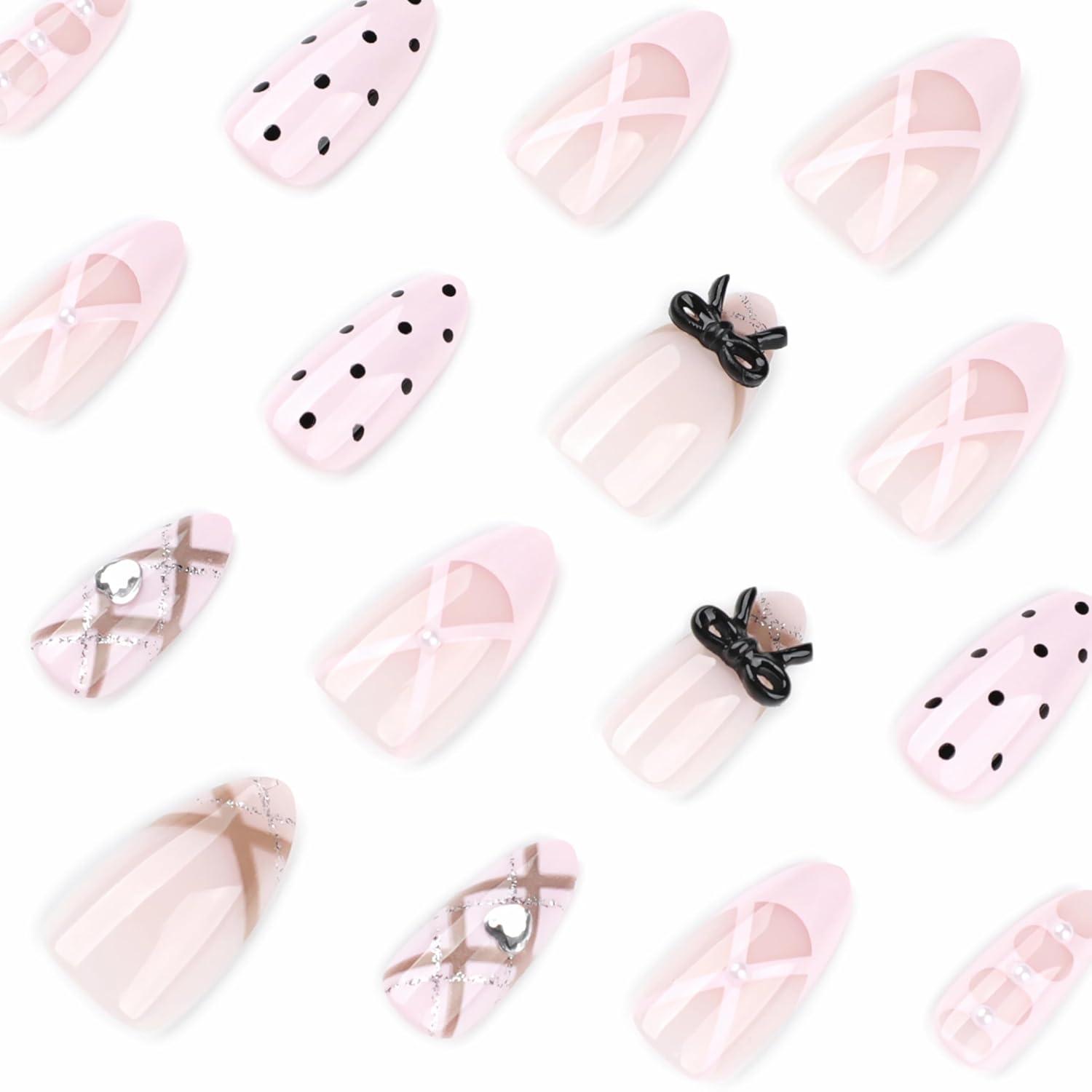 imageBABALAL Press On Nails Pink White Kawaii False Nails with Bow ampamp Paw Design Cute 3D Bear Paw Medium Almond PressOns for Women Girls 24Pcs Glossy Handmade Full Cover Stick On NailsANI05polkadot