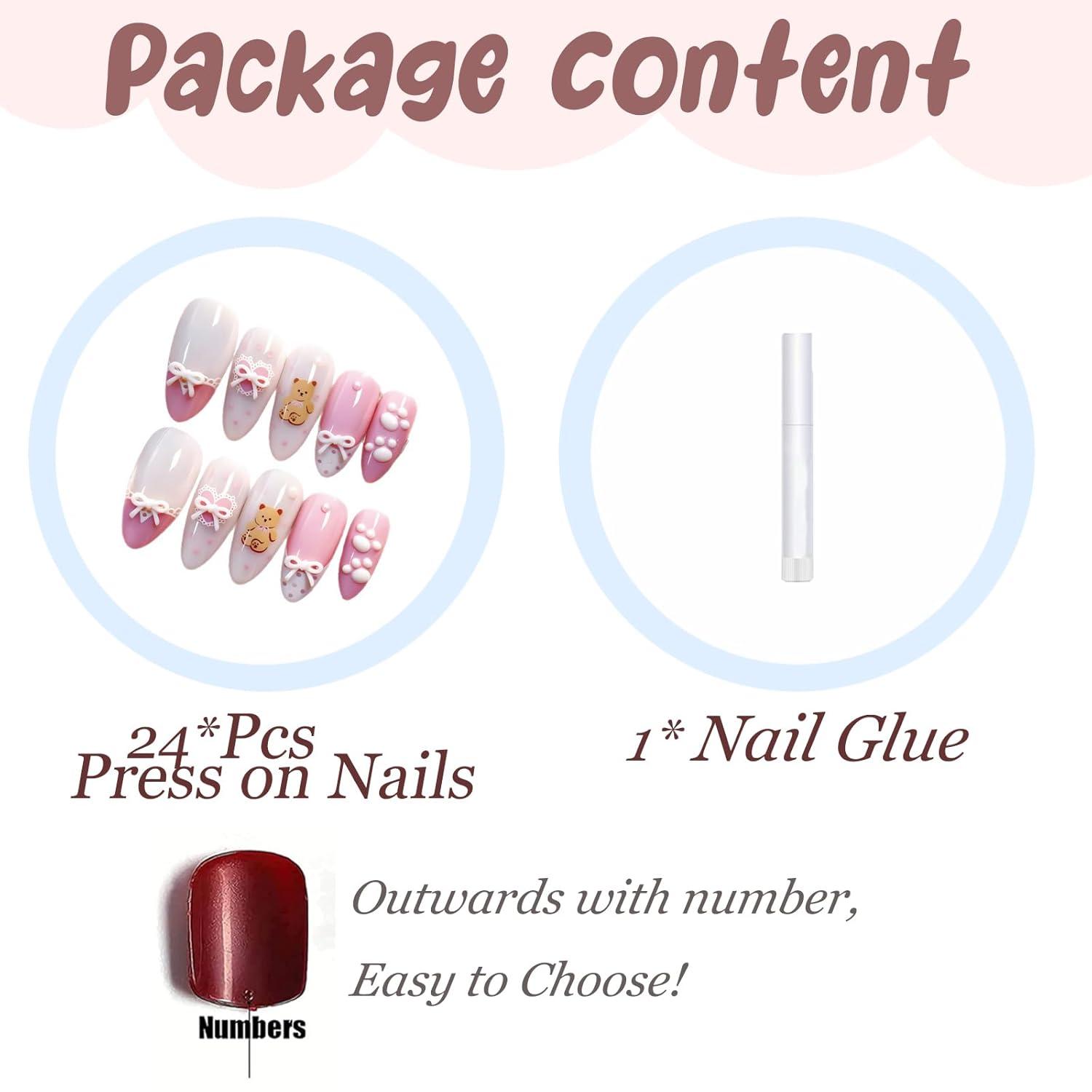 imageBABALAL Press On Nails Pink White Kawaii False Nails with Bow ampamp Paw Design Cute 3D Bear Paw Medium Almond PressOns for Women Girls 24Pcs Glossy Handmade Full Cover Stick On NailsANI03cute