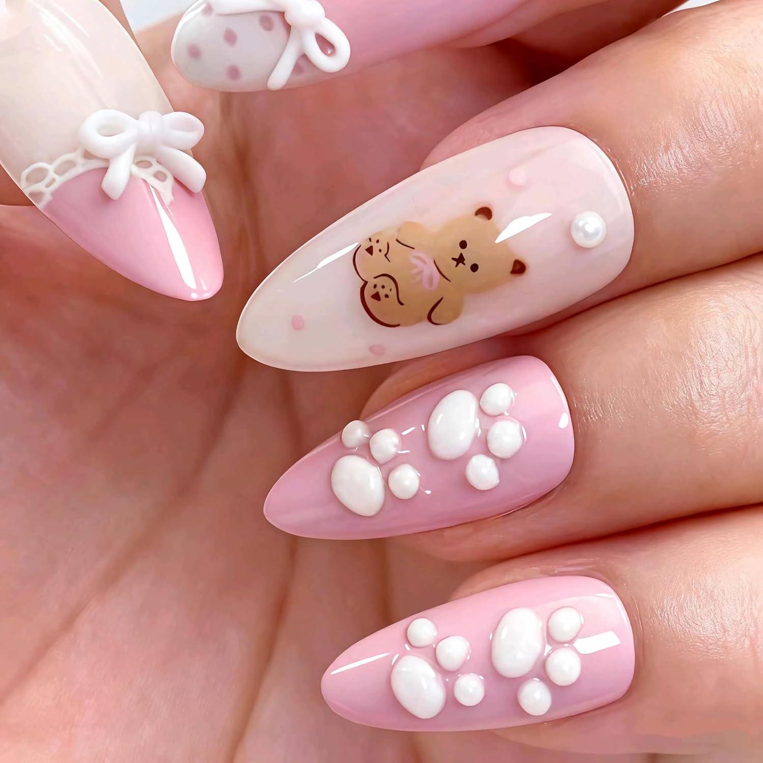 imageBABALAL Press On Nails Pink White Kawaii False Nails with Bow ampamp Paw Design Cute 3D Bear Paw Medium Almond PressOns for Women Girls 24Pcs Glossy Handmade Full Cover Stick On NailsANI03cute