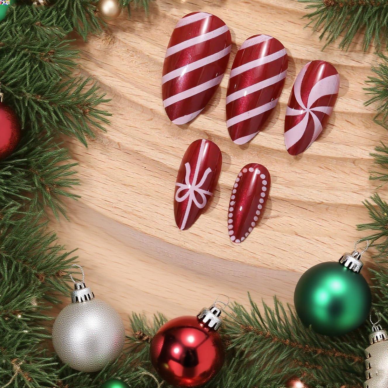 imageBABALAL Red Press on Fake Nails Christmas Acrylic Nails  Medium Almond Shape Chrome Santa Hat Snowflake Candy Cane Bow Glossy 24pcs Reusable False Nails With Glue