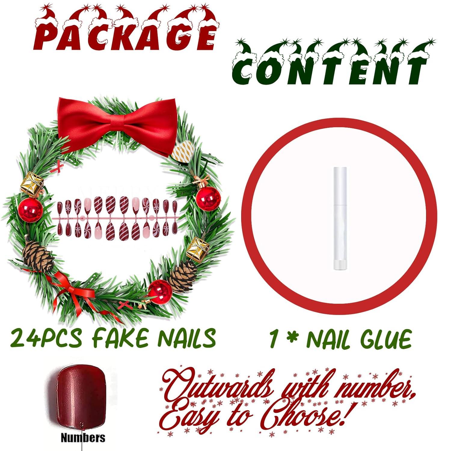 imageBABALAL Red Press on Fake Nails Christmas Acrylic Nails  Medium Almond Shape Chrome Santa Hat Snowflake Candy Cane Bow Glossy 24pcs Reusable False Nails With Glue