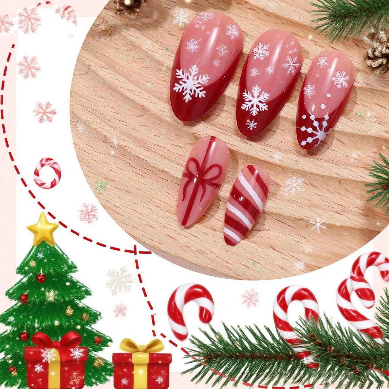 imageBABALAL Red Press on Fake Nails French Tip Design Acrylic Nails Medium Almond Shape Snowflake Candy Cane with Bow Charm Christmas Glossy 24pcs Reusable False Nails With Glue