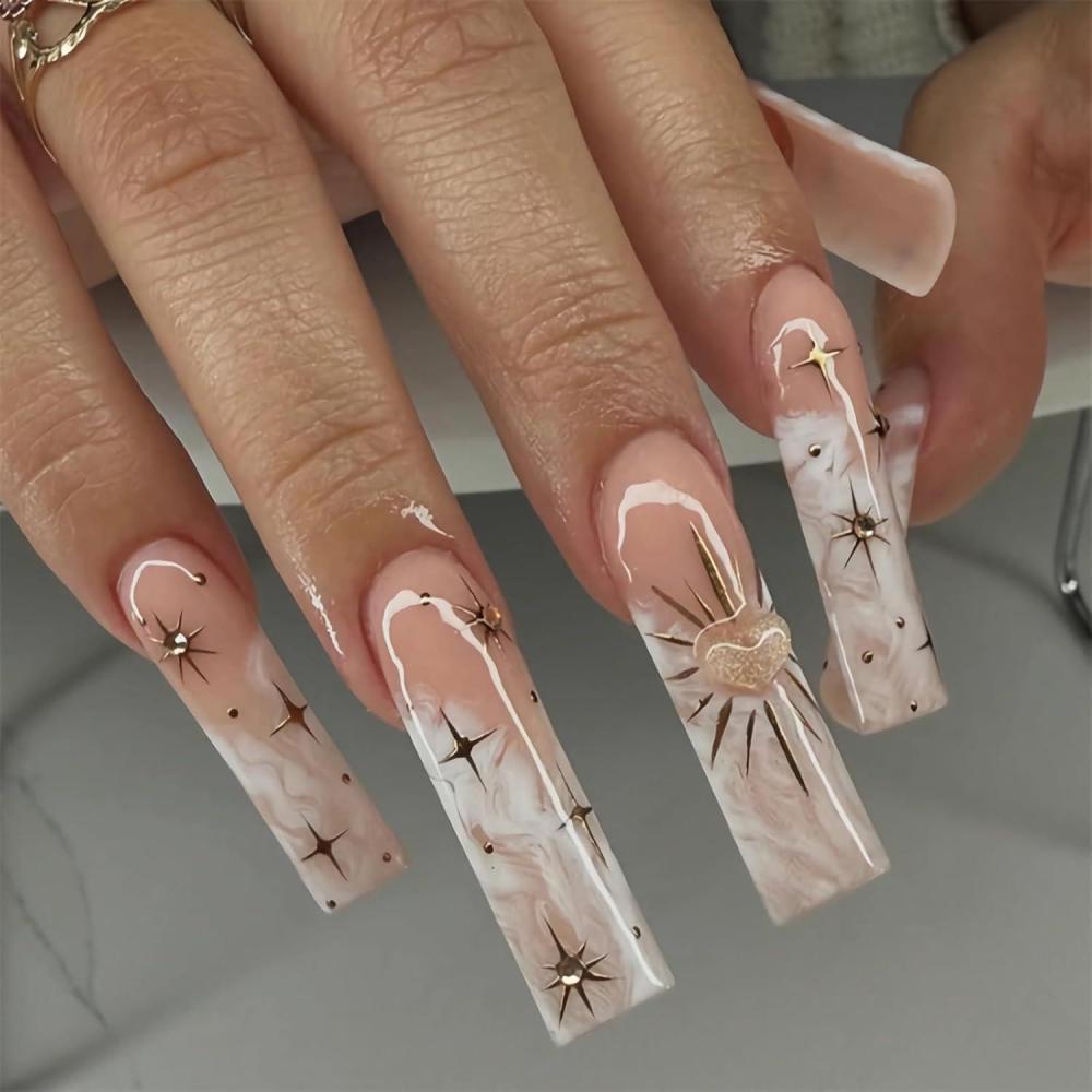 imageBABALAL Christmas Press on Nails Long Coffin Fake Nails Red Glue on Snowflake Design Xmas False Acrylic Nails 24Pcs Matte Ballerina Stick onFna102cloud