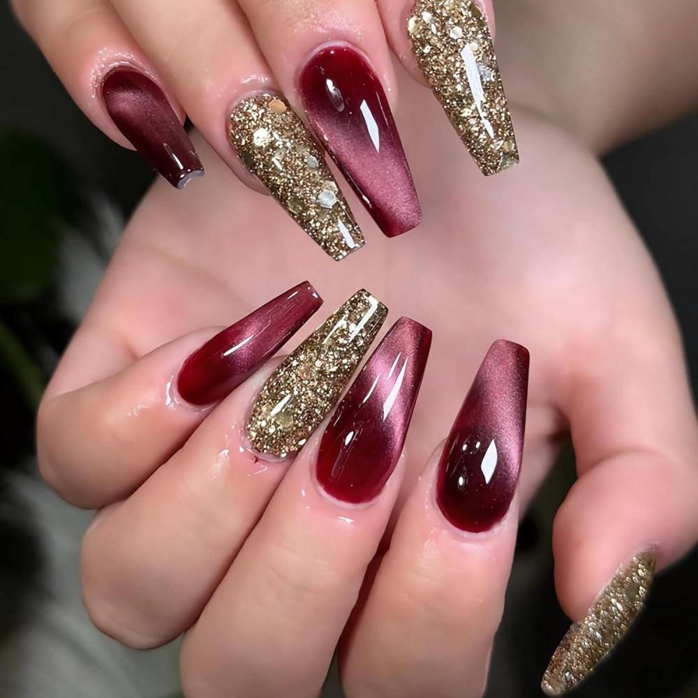 imageBABALAL Christmas Press on Nails Long Coffin Fake Nails Red Glue on Snowflake Design Xmas False Acrylic Nails 24Pcs Matte Ballerina Stick onFna105purple