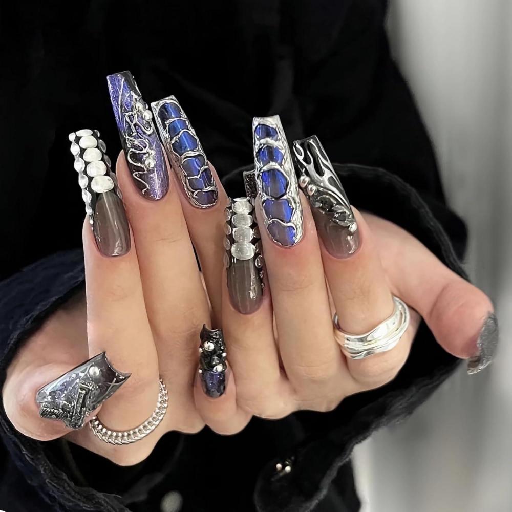 imageBABALAL Christmas Press on Nails Long Coffin Fake Nails Red Glue on Snowflake Design Xmas False Acrylic Nails 24Pcs Matte Ballerina Stick onFna107goth