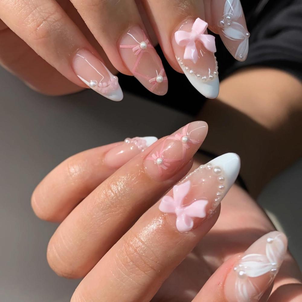 imageBABALAL Press On Nails Pink White Kawaii False Nails with Bow ampamp Paw Design Cute 3D Bear Paw Medium Almond PressOns for Women Girls 24Pcs Glossy Handmade Full Cover Stick On NailsANI17