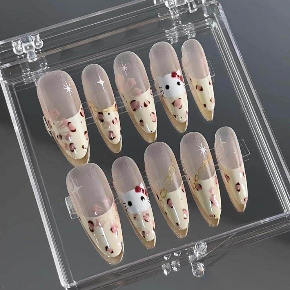 imageBABALAL Press On Nails Pink White Kawaii False Nails with Bow ampamp Paw Design Cute 3D Bear Paw Medium Almond PressOns for Women Girls 24Pcs Glossy Handmade Full Cover Stick On NailsANI14