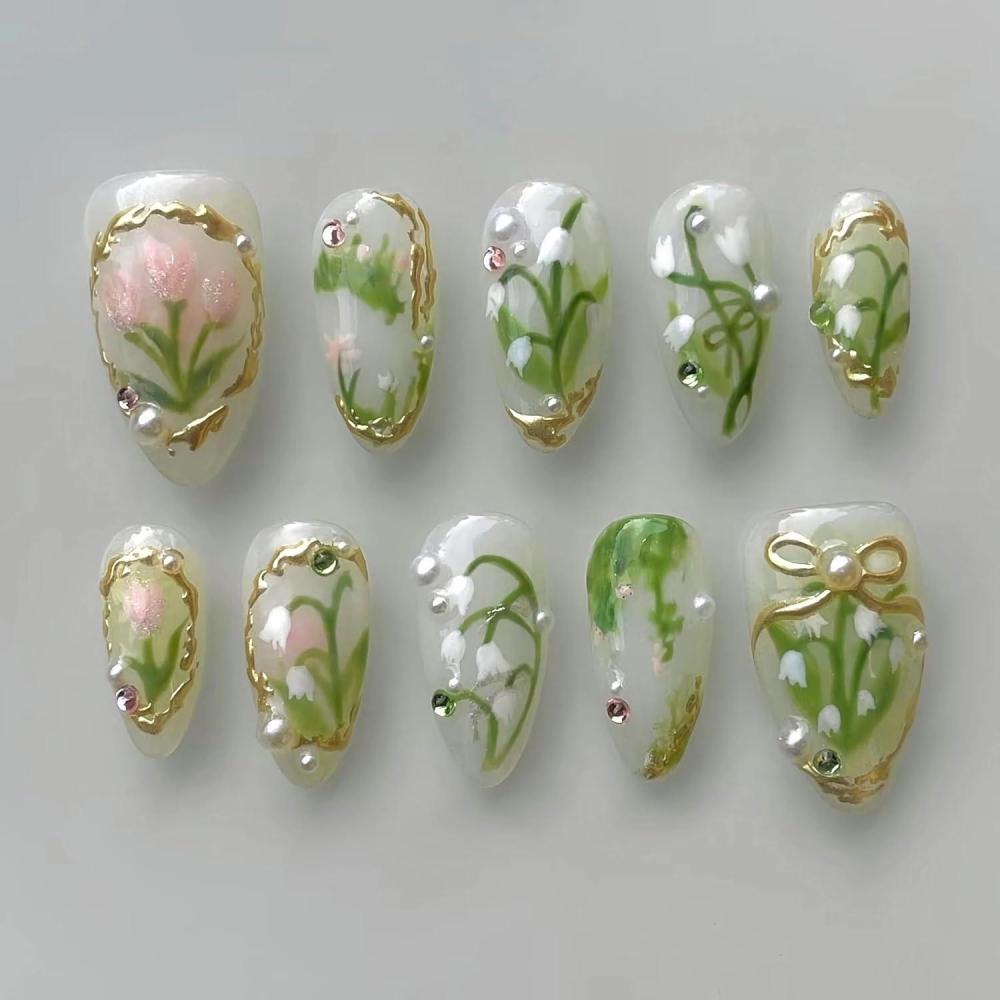 imageBABALAL Press On Nails Pink White Kawaii False Nails with Bow ampamp Paw Design Cute 3D Bear Paw Medium Almond PressOns for Women Girls 24Pcs Glossy Handmade Full Cover Stick On NailsANI03green