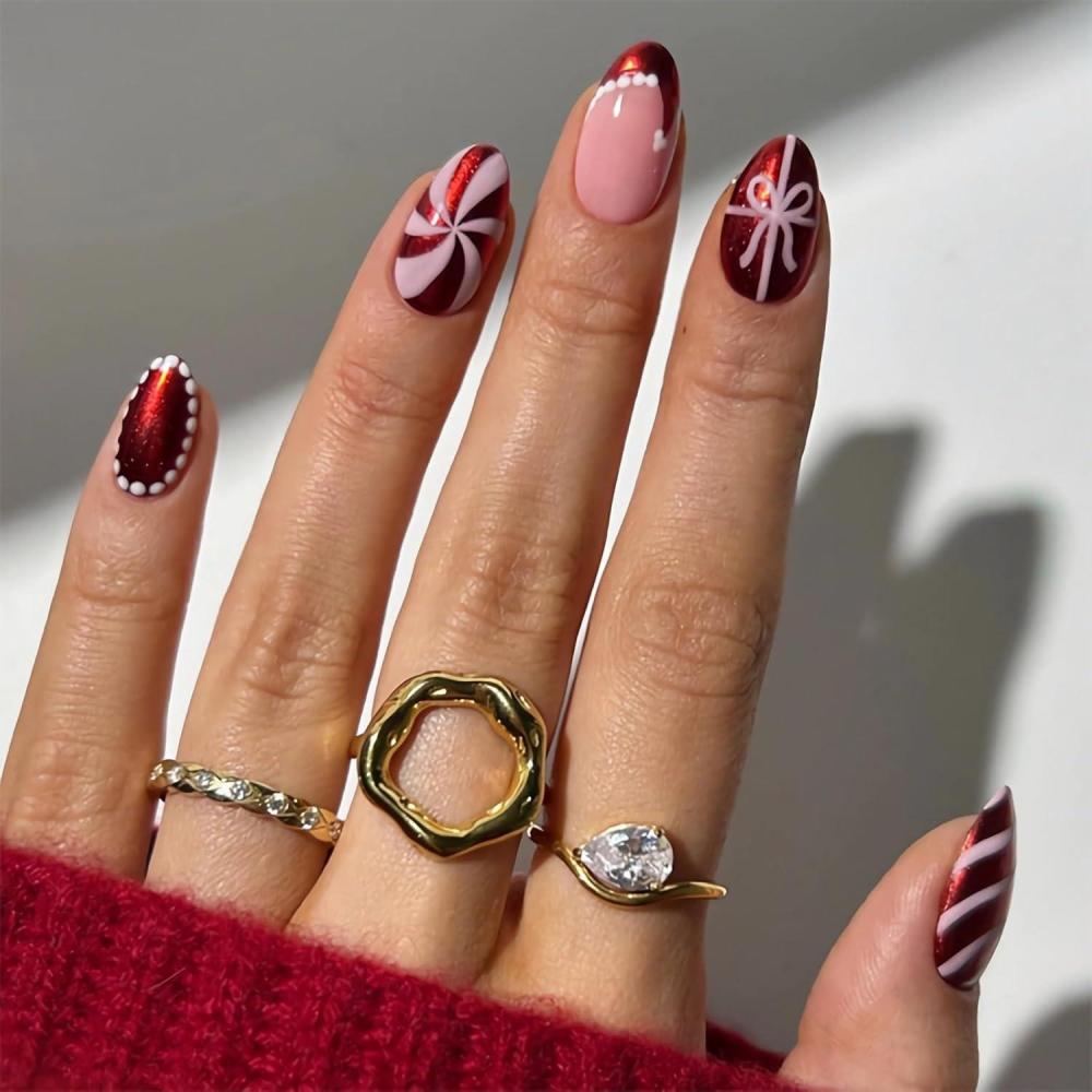 imageBABALAL Red Press on Fake Nails Christmas Acrylic Nails  Medium Almond Shape Chrome Santa Hat Snowflake Candy Cane Bow Glossy 24pcs Reusable False Nails With Glue