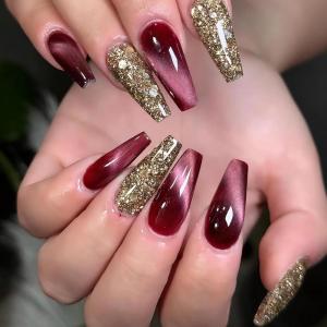 imageBABALAL Christmas Press on Nails Long Coffin Fake Nails Red Glue on Snowflake Design Xmas False Acrylic Nails 24Pcs Matte Ballerina Stick onFna105purple