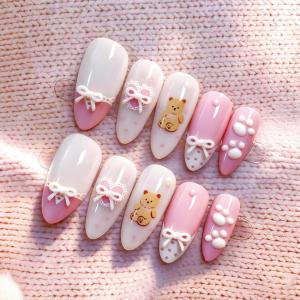 imageBABALAL Press On Nails Pink White Kawaii False Nails with Bow ampamp Paw Design Cute 3D Bear Paw Medium Almond PressOns for Women Girls 24Pcs Glossy Handmade Full Cover Stick On NailsANI03cute