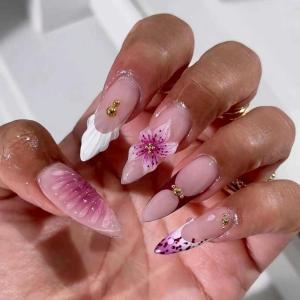imageBABALAL Acrylic Press on Nails Almond Medium Fake nails Gold Chrome Glue ons 3d Texture French Tip Luxury Design Handmade 24Pcs Full Cover Stick on False Nails for Women GirlsBNU01flower
