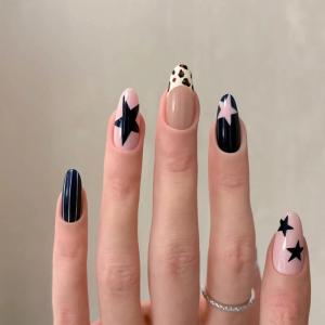 imageBABALAL Acrylic Press on Nails Almond Medium Fake nails Gold Chrome Glue ons 3d Texture French Tip Luxury Design Handmade 24Pcs Full Cover Stick on False Nails for Women GirlsBNU00star