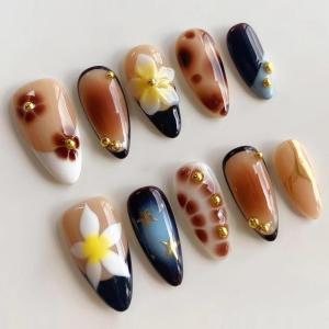 imageBABALAL Acrylic Press on Nails Almond Medium Fake nails Gold Chrome Glue ons 3d Texture French Tip Luxury Design Handmade 24Pcs Full Cover Stick on False Nails for Women GirlsBNU08