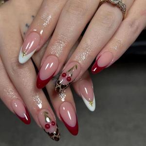 imageBABALAL Acrylic Press on Nails Almond Medium Fake nails Gold Chrome Glue ons 3d Texture French Tip Luxury Design Handmade 24Pcs Full Cover Stick on False Nails for Women GirlsBNU02cherry