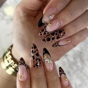 imageBABALAL Acrylic Press on Nails Almond Medium Fake nails Gold Chrome Glue ons 3d Texture French Tip Luxury Design Handmade 24Pcs Full Cover Stick on False Nails for Women GirlsBNU00cheetah