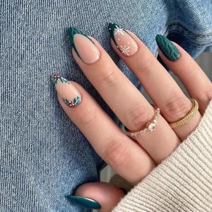 imageBABALAL Acrylic Press on Nails Almond Medium Fake nails Gold Chrome Glue ons 3d Texture French Tip Luxury Design Handmade 24Pcs Full Cover Stick on False Nails for Women GirlsBNU01mistletoe