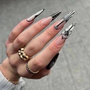 imageBABALAL Long Stiletto Press on Nails Ombre Fake Nail Gold Chrome French Tip Glue on Flame Y2k Design with Angel Charm Goth Supplies Art 24Pcs XL Glossy Acrylic False Nails with CharmBNN04black